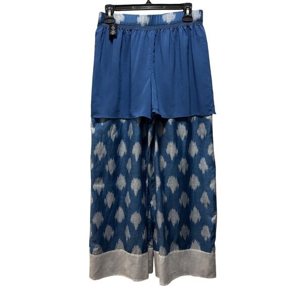 Theory Smocked Culotte Wide Leg Crop Pant In Spot Ikat Lawn Blue/White Size M - Picture 4 of 8